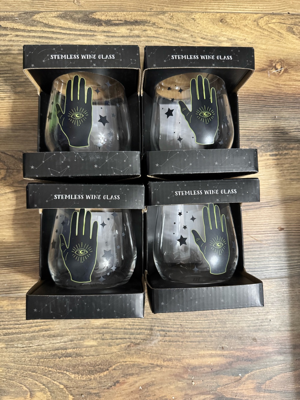 Cobwebs And Cauldrons Third Eye Psychic Hand Stemless Wine Glasses Set Of 4 New